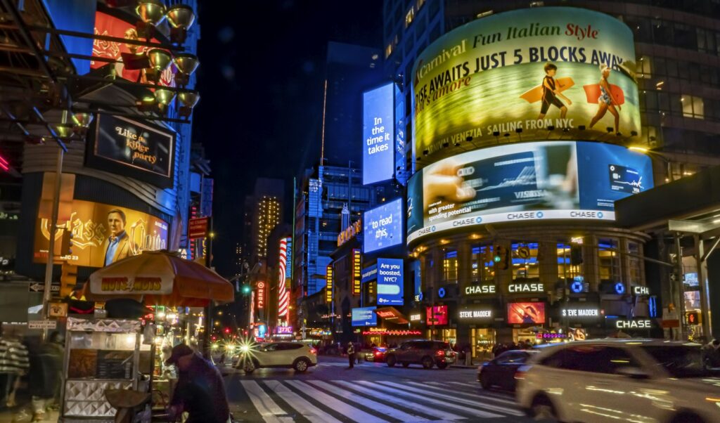 Times Square and Broadway theaters lit up at night